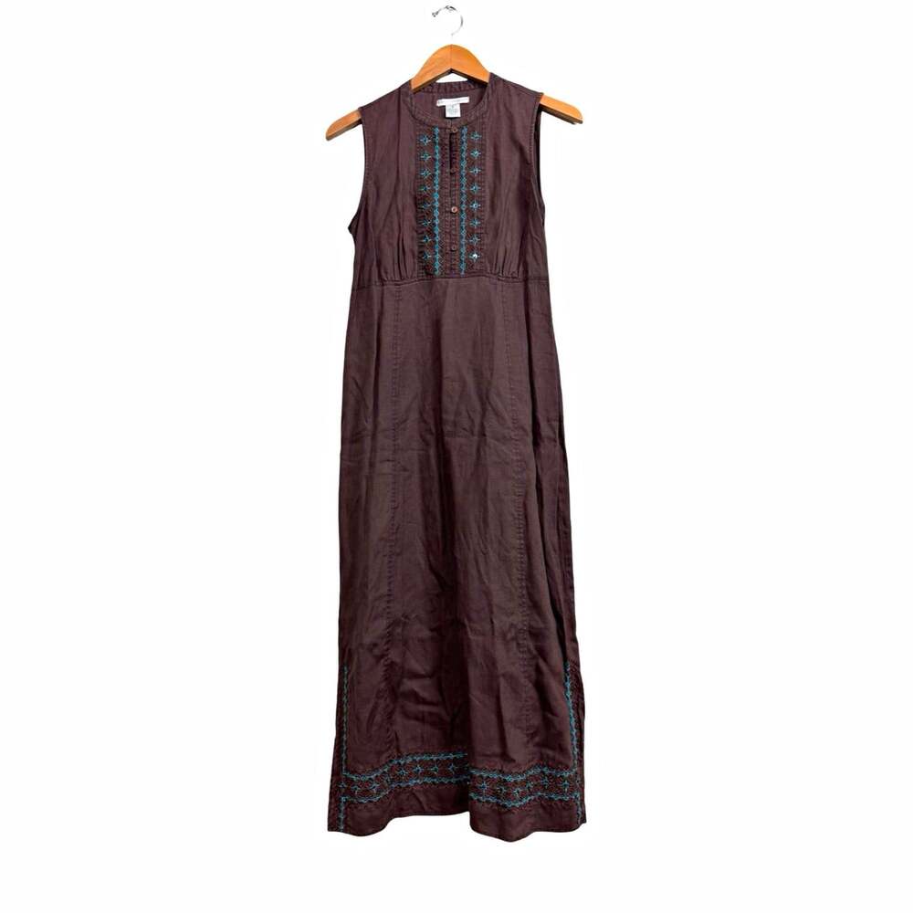 Sarah Spencer Brown Blue Geometric Woven Linen Round Neck Sleeveless Maxi Size 8